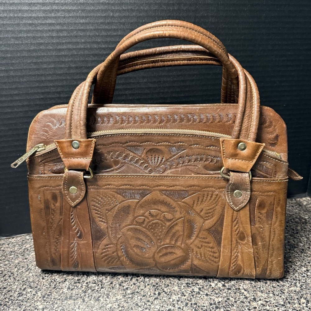 Vintage 80s Flores Bags Genuine Leather Hand Tooled Satchel Purse Goat Mexico